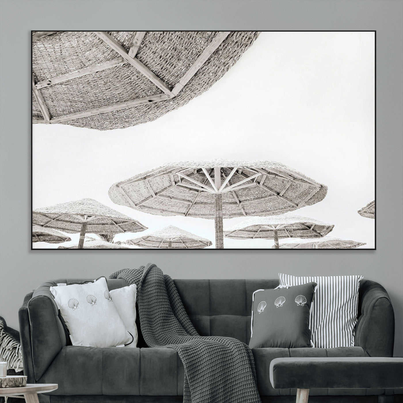 97043123-MGV-CV-36X24-Beach Umbrella Wall Art – Minimalist Coastal Canvas Print, Woven Parasol Summer Decor for Bedroom, Living Room, or Modern Beach