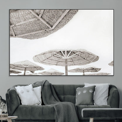 97043123-MGV-CV-36X24-Beach Umbrella Wall Art – Minimalist Coastal Canvas Print, Woven Parasol Summer Decor for Bedroom, Living Room, or Modern Beach