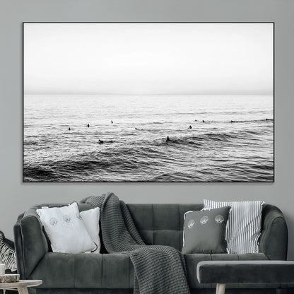 47208268-MGV-CV-36X24-Surfer Ocean Wall Art – Black and White Coastal Canvas Print, Minimalist Surfing Seascape Decor for Living Room, Bedroom, or Beach
