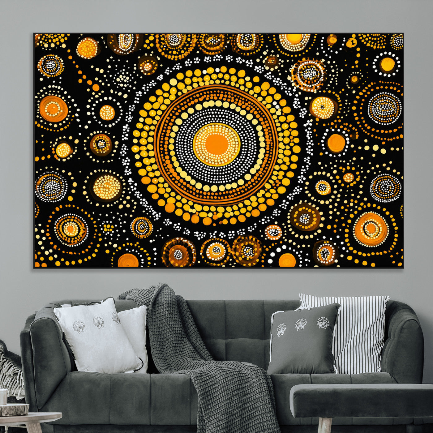 45478523-MGV-CV-36X24-Abstract Circle Wall Art – Bold Black and Gold Dot Painting Canvas Print, Modern Geometric Mandala Style Decor for Living Room or