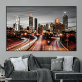 59097239-MGV-CV-36X24-City Skyline Wall Art – Modern Black and White Night Canvas Print with Red Light Trails, Urban Landscape Decor for Living Room or