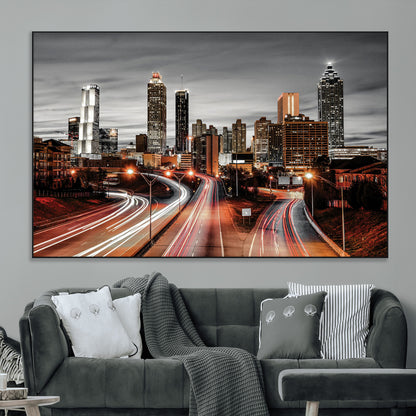 59097239-MGV-CV-36X24-City Skyline Wall Art – Modern Black and White Night Canvas Print with Red Light Trails, Urban Landscape Decor for Living Room or