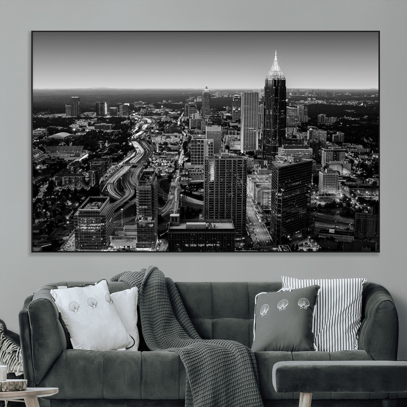 46578567-MGV-CV-36X24-Atlanta Skyline Wall Art – Black and White Cityscape Canvas Print, Modern Urban Night Decor for Office, Living Room, or Apartment