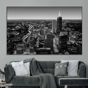 46578567-MGV-CV-36X24-Atlanta Skyline Wall Art – Black and White Cityscape Canvas Print, Modern Urban Night Decor for Office, Living Room, or Apartment