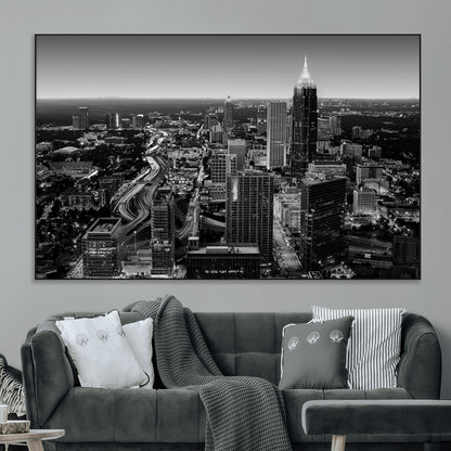 46578567-MGV-CV-36X24-Atlanta Skyline Wall Art – Black and White Cityscape Canvas Print, Modern Urban Night Decor for Office, Living Room, or Apartment