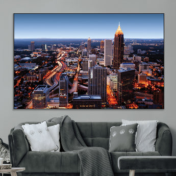 81886632-MGV-CV-36X24-Atlanta Skyline Wall Art – Vibrant City Lights Canvas Print, Modern Urban Cityscape Decor for Living Room, Office, or Apartment