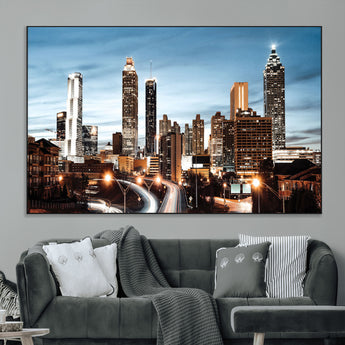 23859158-MGV-CV-36X24-Atlanta Skyline Wall Art – Modern Cityscape Canvas Print with Night Lights and Traffic Trails, Urban Decor for Office, Apartment,
