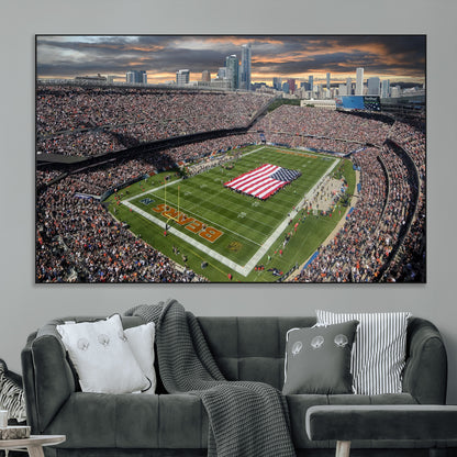 98106777-MGV-CV-36X24-Soldier Field Wall Art – Chicago Bears Stadium Canvas Print with American Flag, Game Day Football Decor for Man Cave, Bar, or