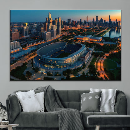 36690345-MGV-CV-36X24-Soldier Field Wall Art – Chicago Bears Stadium Aerial Night Canvas Print, City Skyline Football Decor for Living Room, Office, or