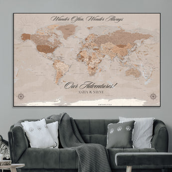 95243244-MGV-CV-36X24-Wander Often Wonder Always World Map Wall Art – Neutral Beige Adventure Canvas Print, Rustic Boho Travel Decor for Bedroom, Living