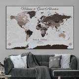 43749658-MGV-CV-36X24-Welcome to Great Adventure World Map Wall Art – Charcoal Gray Canvas Print, Rustic Travel Decor for Living Room, Study, Office or