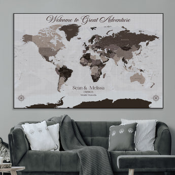 43749658-MGV-CV-36X24-Welcome to Great Adventure World Map Wall Art – Charcoal Gray Canvas Print, Rustic Travel Decor for Living Room, Study, Office or