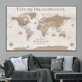 63516865-MGV-CV-36X24-Explore Dream Discover World Map Wall Art – Inspirational Travel Adventure Canvas Print, Neutral Parchment Style Explorer Decor