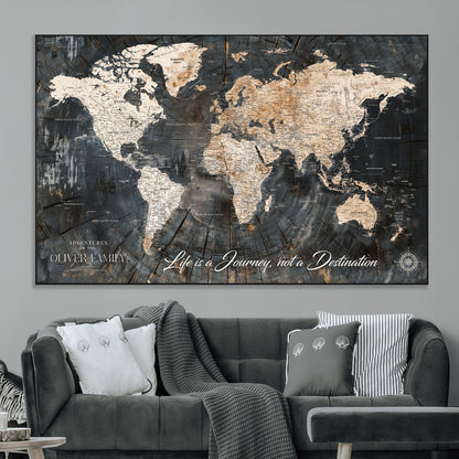37848568-MGV-CV-36X24-Life is a Journey Not a Destination World Map Rustic Wood Texture Vintage Beige Navy Adventure Wall Art Canvas Print for Home
