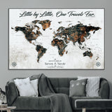 88337180-MGV-CV-36X24-Little by Little One Travels Far Tolkien Quote World Map Rustic Black Brown Adventure Wall Art Canvas Print for Home Office Living