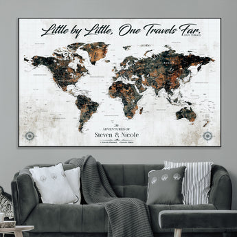 88337180-MGV-CV-36X24-Little by Little One Travels Far Tolkien Quote World Map Rustic Black Brown Adventure Wall Art Canvas Print for Home Office Living