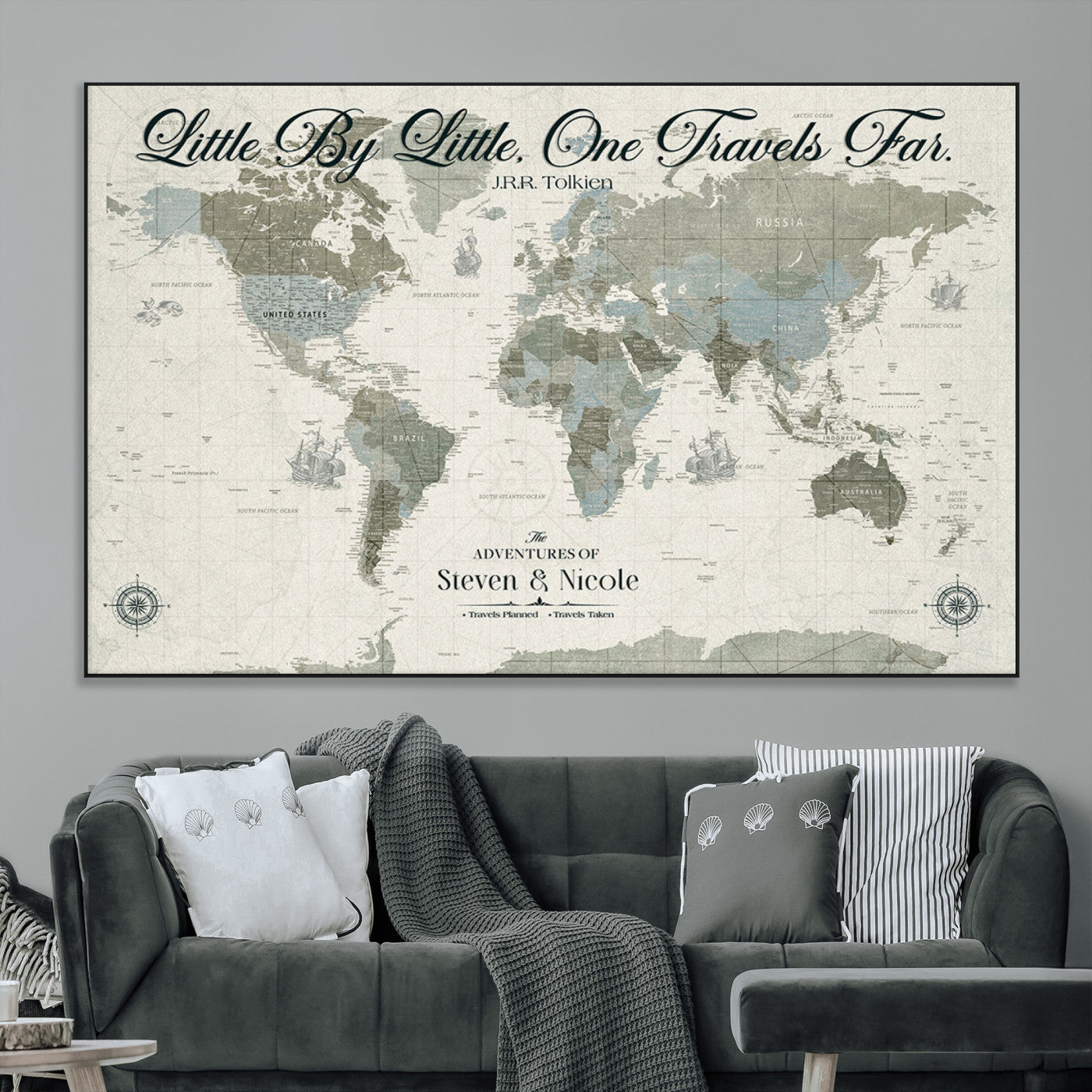 10693204-MGV-CV-36X24-Little By Little One Travels Far Tolkien Quote Blue Green World Map Adventure Wall Art Canvas Print Rustic Wanderlust Travel Decor