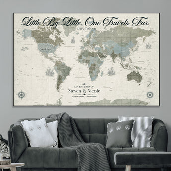 10693204-MGV-CV-36X24-Little By Little One Travels Far Tolkien Quote Blue Green World Map Adventure Wall Art Canvas Print Rustic Wanderlust Travel Decor