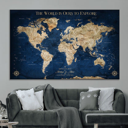 54782997-MGV-CV-36X24-The World is Ours to Explore Wall Art – Blue World Map Canvas Print, Adventure Travel Decor for Home, Office or Living Room,
