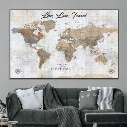 43924907-MGV-CV-36X24-Live Love Travel Wall Art – Neutral World Map Canvas Print, Rustic Adventure Decor for Home, Office or Living Room, Unique Gift