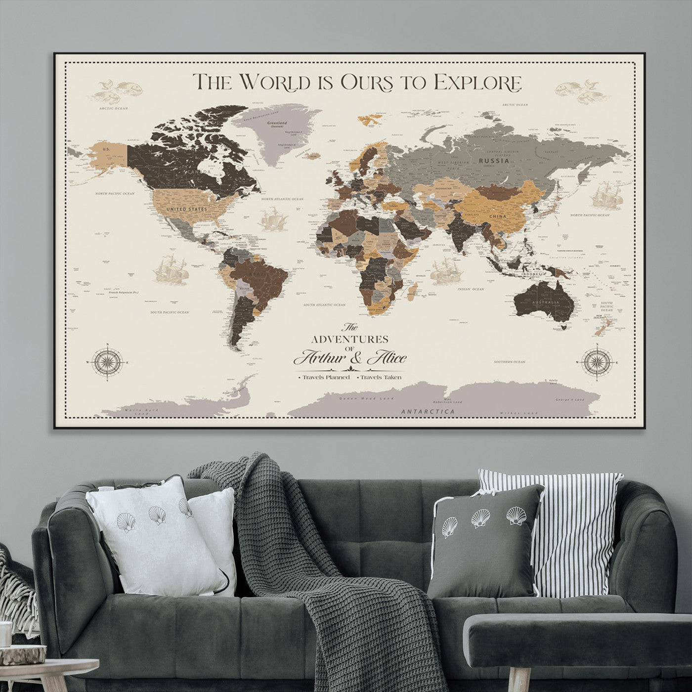 90024882-MGV-CV-36X24-The World is Ours to Explore Wall Art – Earth Tone World Map Canvas Print, Adventure Travel Decor for Living Room, Office or