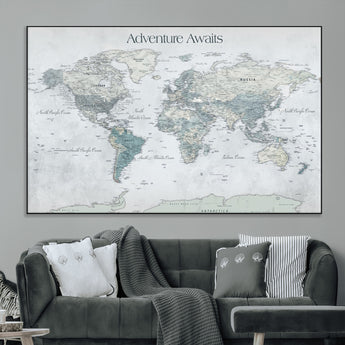 TEST111-MGV-CV-36X24-Personalized Adventure Awaits Push Pin World Map – Custom Framed Travel Tracker Canvas Wall Art for Home, Office