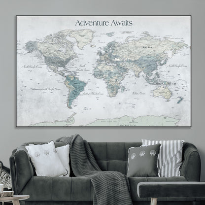 TEST111-MGV-CV-36X24-Personalized Adventure Awaits Push Pin World Map – Custom Framed Travel Tracker Canvas Wall Art for Home, Office