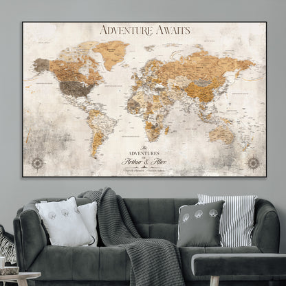 99422096-MGV-CV-36X24-Adventure Awaits World Map Wall Art – Neutral Beige Canvas Print, Modern Travel Inspired Wall Decor for Living Room, Bedroom or