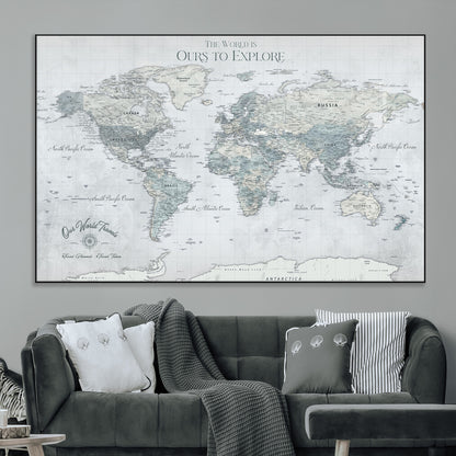 94249974-MGV-CV-36X24-Ours Explore World Map Wall Art – Modern Travel Canvas Print, Neutral Adventure Decor for Living Room, Office, Study, Bedroom,