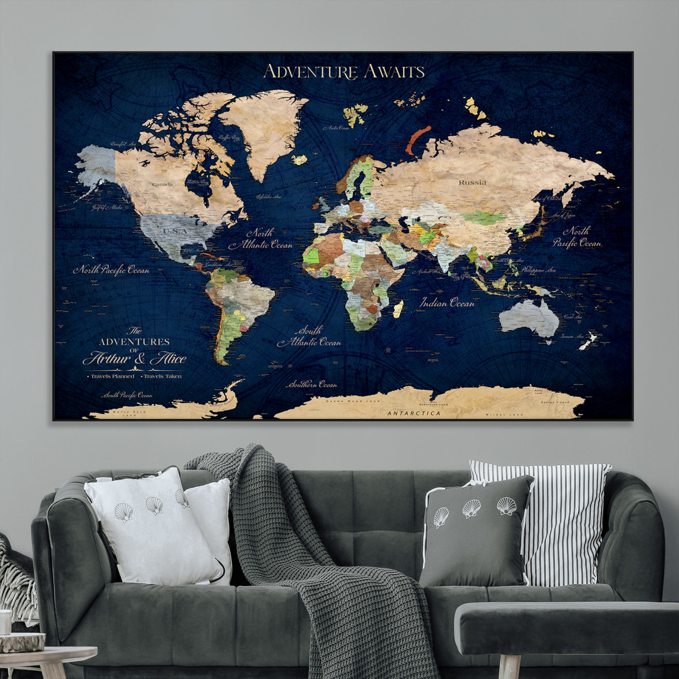 43160428-MGV-CV-36X24-Adventure Awaits Navy Blue World Map – Vibrant Travel Canvas Wall Art, Antique Atlas Print, Wanderlust Decor for Home Office