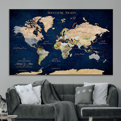 43160428-MGV-CV-36X24-Adventure Awaits Navy Blue World Map – Vibrant Travel Canvas Wall Art, Antique Atlas Print, Wanderlust Decor for Home Office