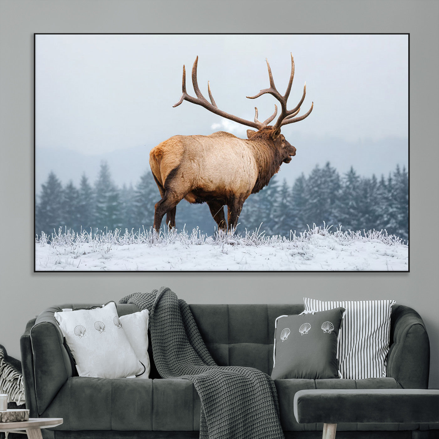 85177251-MGV-CV-36X24-Elk Wall Art – Majestic Wildlife Canvas Print of Bull Elk Snowy Forest, Rustic Nature Decor for Living Room, Cabin, or Office