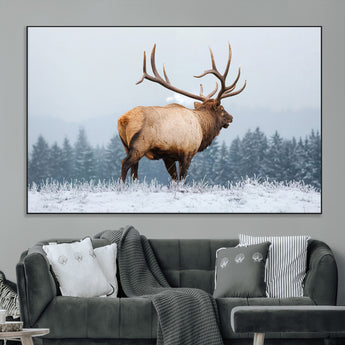 85177251-MGV-CV-36X24-Elk Wall Art – Majestic Wildlife Canvas Print of Bull Elk Snowy Forest, Rustic Nature Decor for Living Room, Cabin, or Office