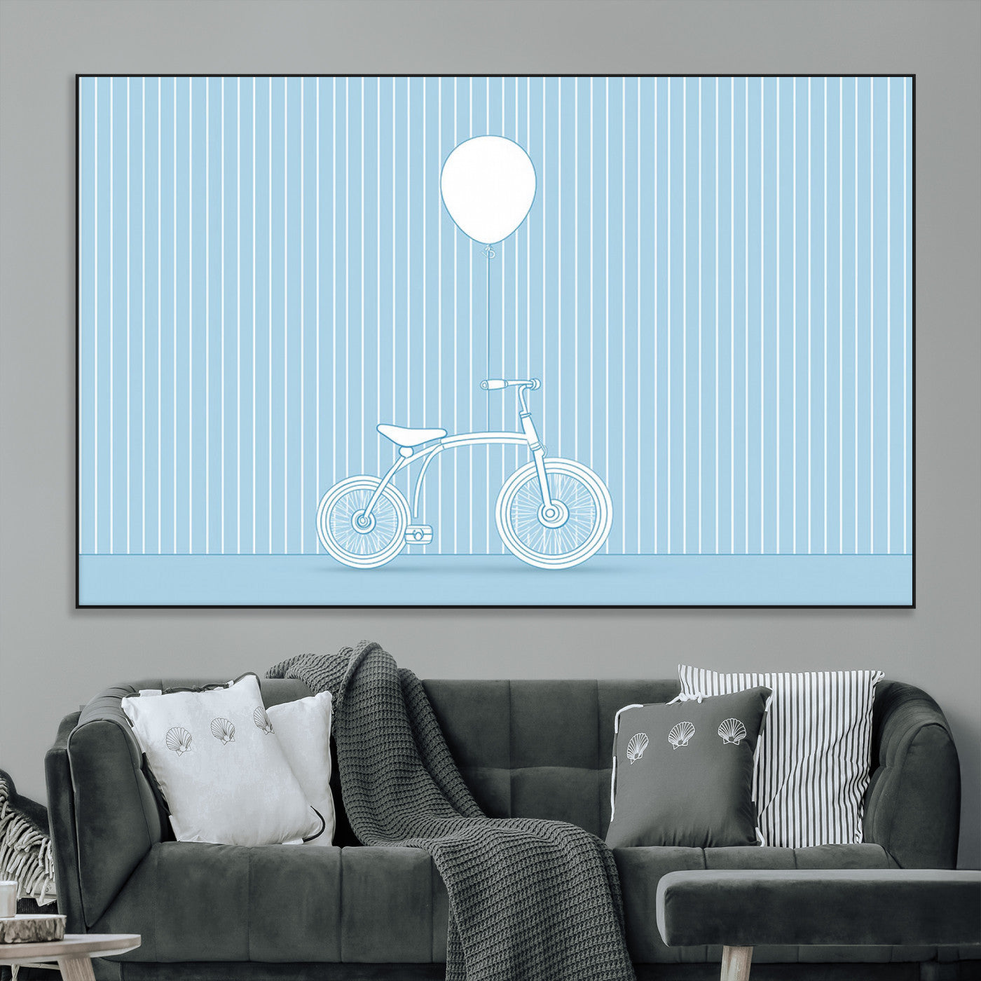 56479838-MGV-CV-36X24-Bicycle Wall Art – Minimalist Blue Canvas Print with Balloon Illustration, Modern Decor Artwork for Kids Room, Nursery, or Living