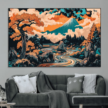 21638941-MGV-CV-36X24-Japanese Landscape Wall Art – Mount Fuji and Flowing River Ukiyo-e Style Canvas Print, Traditional Japan Inspired Artwork for