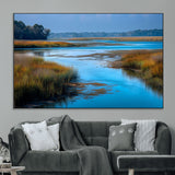 26300004-MGV-CV-36X24-Tranquil Marshland Canvas Wall Art – Blue Water, Reflective Sky, Golden Grasses, Calm Nature Landscape, Scenic Outdoor Beauty for