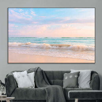 88024944-MGV-CV-36X24-Serene Ocean Waves Canvas Wall Art – Pastel Sky, Soft Sand Beach, Tranquil Seascape, Calm Water Coastal Nature, Relaxing Peaceful