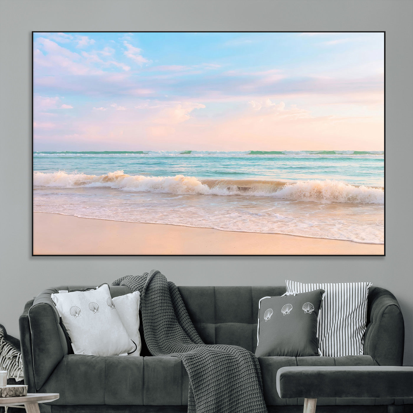 88024944-SEG-FC-51X34_Oversize_Oversize-Beach Landscape Wall Art – Coastal Ocean Canvas Print with Gentle Waves and Pastel Sky, Serene Seascape Photography for Living