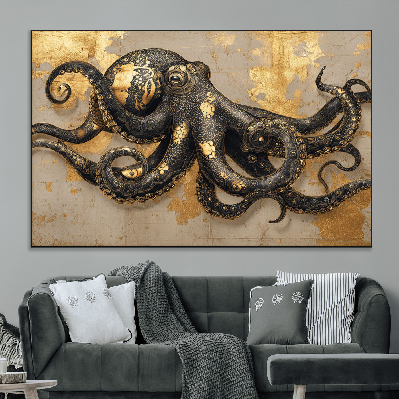 57944271-SEG-FC-51X34_Oversize_Oversize-Octopus Wall Art – Black and Gold Nautical Canvas Print, Modern Ocean Inspired Artwork with Elegant Detailing, Coastal Marine