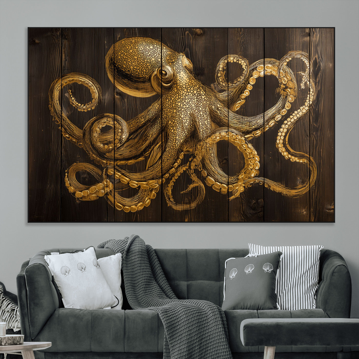 56769669-MGV-CV-36X24-Octopus Wall Art – Gold Nautical Canvas Print with Rustic Wood Panel Design, Detailed Marine Artwork for Coastal Ocean Decoration
