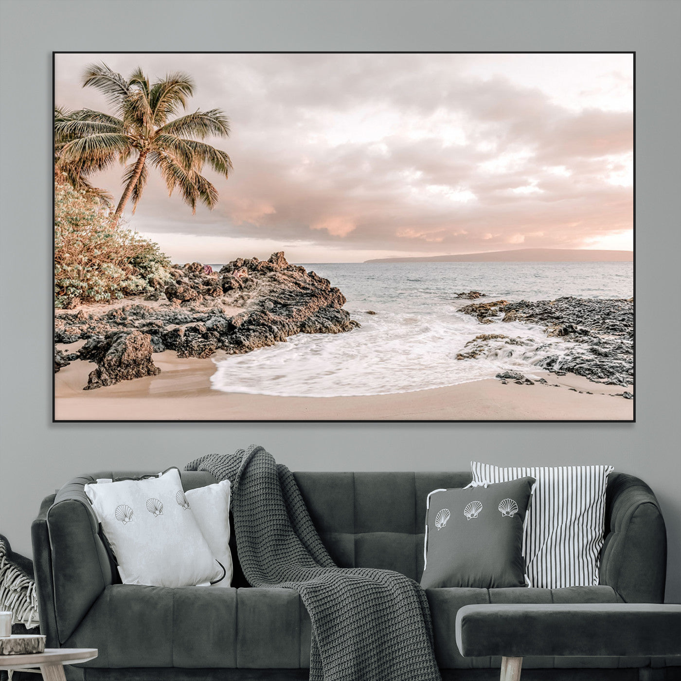 18005328-MGV-CV-36X24-Tropical Beach Canvas Wall Art – Palm Tree, Rocky Shoreline, Ocean Waves, Sunset Clouds, Calm Sea, Island Nature Relaxation for