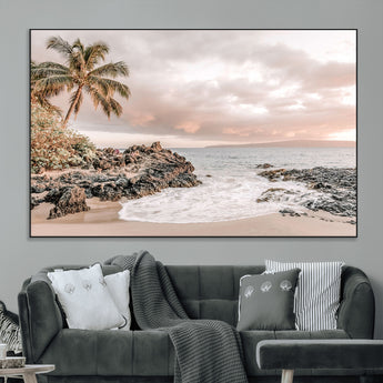 18005328-MGV-CV-36X24-Tropical Beach Wall Art – Coastal Ocean Canvas Print with Palm Tree, Sunset Sky and Rocky Shore, Serene Seascape Photography for