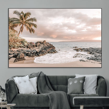 18005328-MGV-CV-36X24-Tropical Beach Wall Art – Coastal Ocean Canvas Print with Palm Tree, Sunset Sky and Rocky Shore, Serene Seascape Photography for