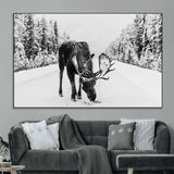 38956835-MGV-CV-36X24-Moose Winter Snowy Forest Canvas Wall Art – Wildlife Nature, Antlers in Frozen Landscape, Quiet Path, Cold Season Outdoors Print