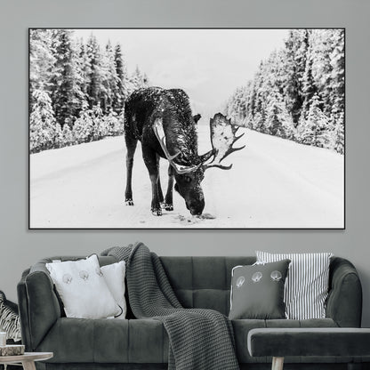 38956835-MGV-CV-36X24-Moose Winter Snowy Forest Canvas Wall Art – Wildlife Nature, Antlers in Frozen Landscape, Quiet Path, Cold Season Outdoors Print