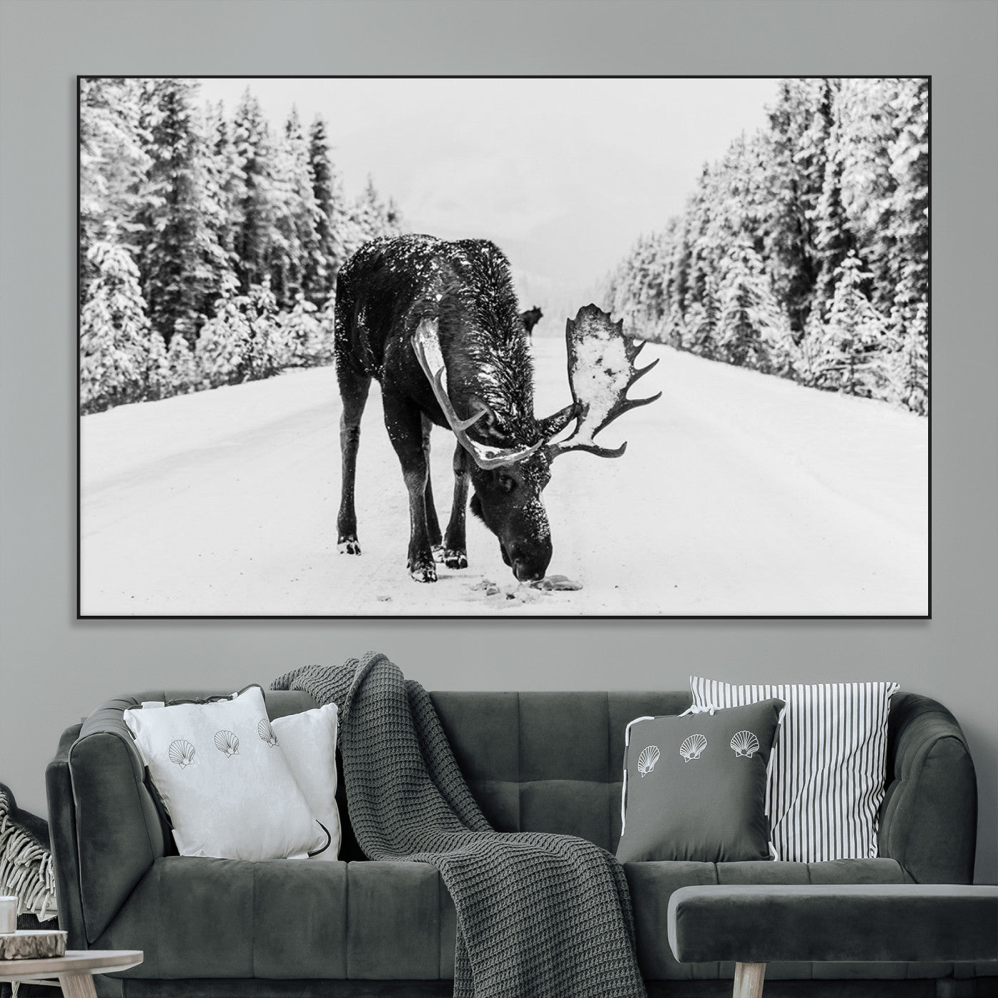 38956835-MGV-CV-36X24-Moose Wall Art – Black and White Wildlife Canvas Print with Snowy Forest Road, Rustic Nature Photography for Cabin, Lodge, Living