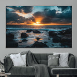 66040852-MGV-CV-36X24-Ocean Sunset Canvas Wall Art – Rocky Shore Waves, Dramatic Clouds, Golden Sun Rays, Coastal Nature, Serene Water Reflection for