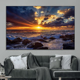 35900590-MGV-CV-36X24-Sunset Ocean Waves Canvas Wall Art – Rocky Shore, Dramatic Sky, Golden Sun Rays, Coastal Beauty, Serene Water Motion for Living