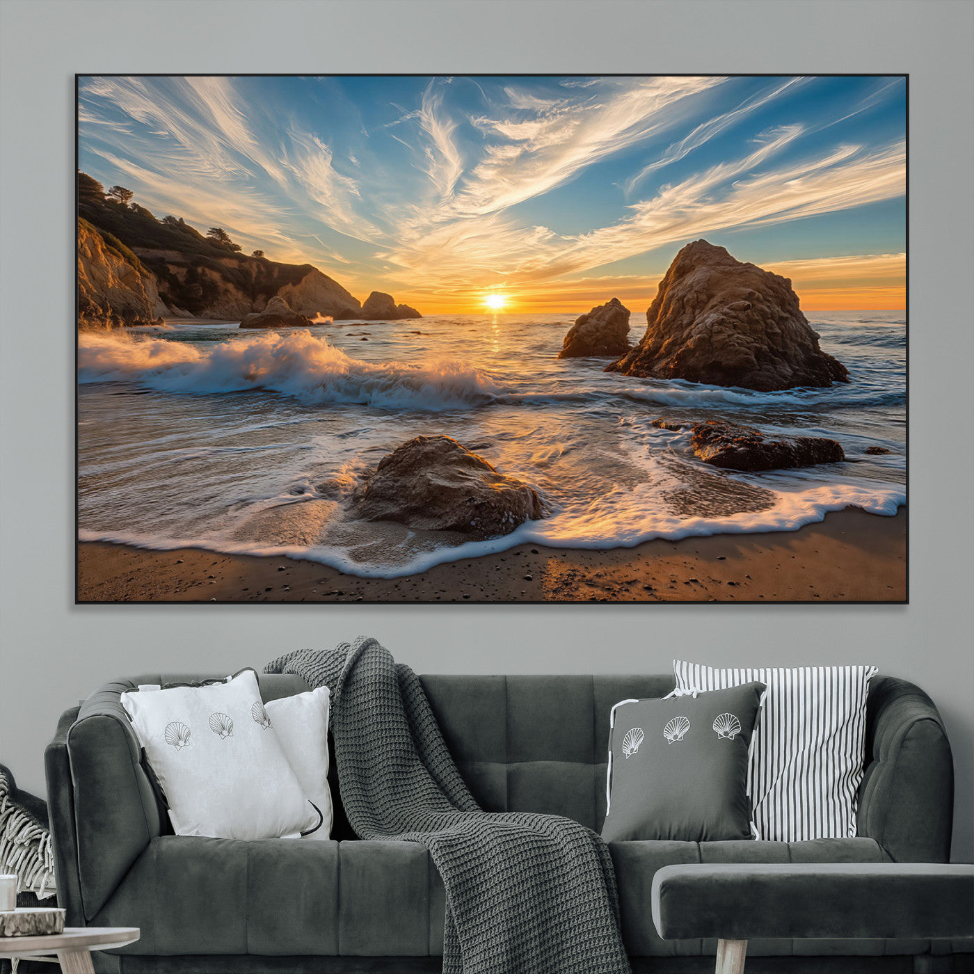85659923-MGV-CV-36X24-Rocky Ocean Sunset Canvas Wall Art – Seaside Dramatic Seascape Print, Coastal Modern Decor, Ocean Sunset Art for Living Room or