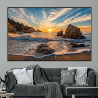 85659923-MGV-CV-36X24-Ocean Sunset Wall Art – Dramatic Seascape Canvas Print with Cliffs, Crashing Waves and Golden Sky, Bold Coastal Photography for